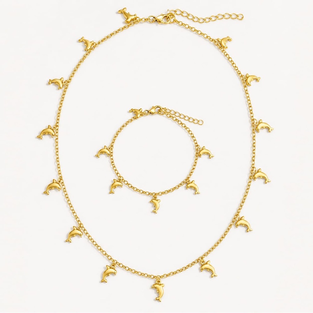 Y2K Gold Dolphin Charm Necklace & Bracelet Set Coastal Beach Ocean Jewelry 90s